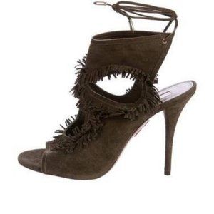Aquazzura Sexy Thing Fringe Sandals Olive Green Sz 38 Lace-up Tie Stiletto Heels